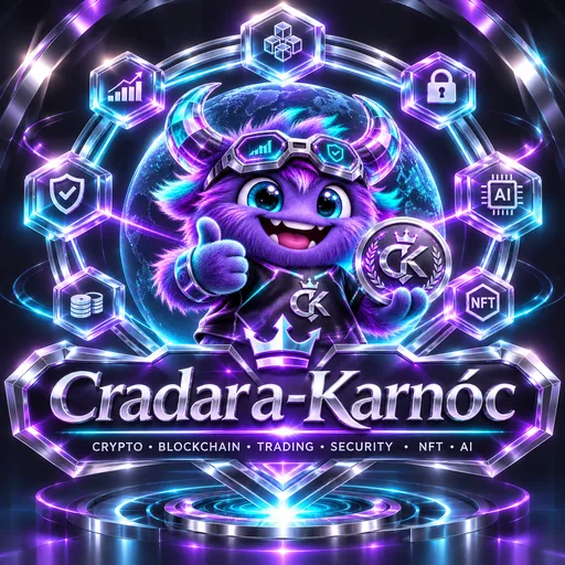 Cradara-Karnóc crest: Coin Kris inside a glowing blockchain ring of hexagons